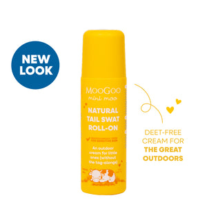 MooGoo Baby and Child mini moo Natural Tail Swat Roll-on insect repellent in a bright yellow cylindrical tube, shown on a white background, lightweight insect repellent safe for newborns, children and families, natural formula for outdoor use. 