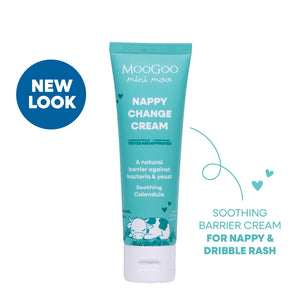 MooGoo Baby & Child Natural Nappy Change Cream on white background, paediatrician approved, calms and protects baby's skin against nappy rash.