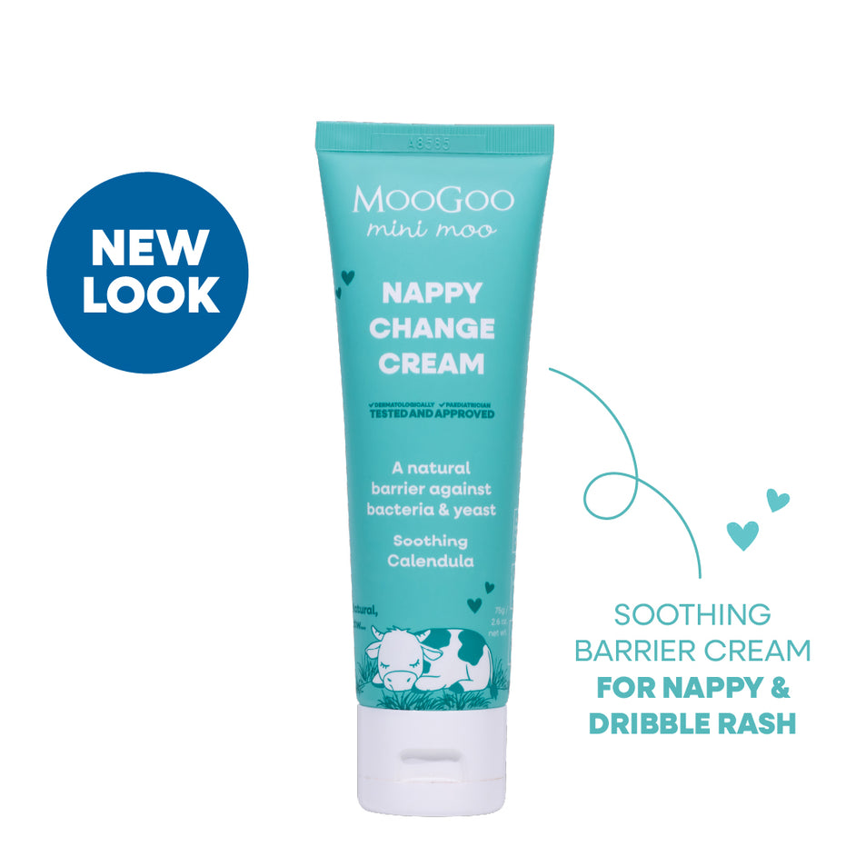 MooGoo Baby & Child Natural Nappy Change Cream on white background, paediatrician approved, calms and protects baby's skin against nappy rash.