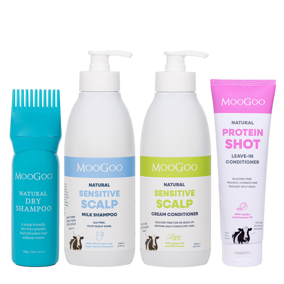 MooGoo 4-piece Scalp & Hair Care pack including Milk Shampoo 500ml, Cream Conditioner 500ml, Dry Shampoo 100g, and Protein Shot Leave-In Conditioner 120g