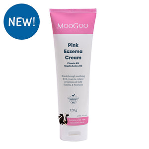 MooGoo Pink Eczema Cream tube with pink cap on a white background.