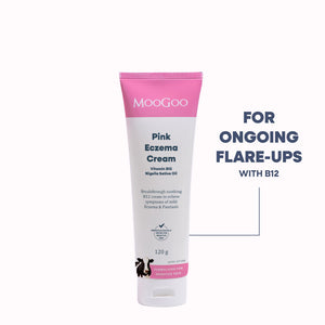 MooGoo Pink Eczema Cream in a 120g squeeze tube, featuring a white body with a bright pink cap and pink accents on the label. With B12 for ongoing eczema flare ups. 