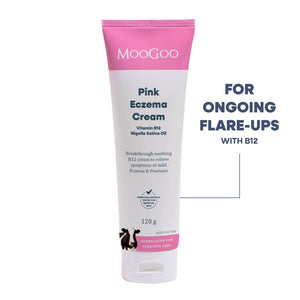 MooGoo Pink Eczema Cream tube on a white background with text reading 'FOR ONGOING FLARE-UPS WITH B12'.