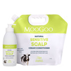 MooGoo Natural Sensitive Scalp Cream Conditioner set, featuring a 2.5L lime green and white refill pouch next to a 500ml white pump bottle with a matching label, on a white background. Scalp friendly silicone free hair care for dry damaged hair. 