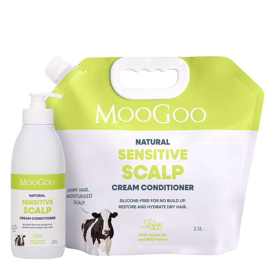 MooGoo Natural Sensitive Scalp Cream Conditioner set, featuring a 2.5L lime green and white refill pouch next to a 500ml white pump bottle with a matching label, on a white background. Scalp friendly silicone free hair care for dry damaged hair. 