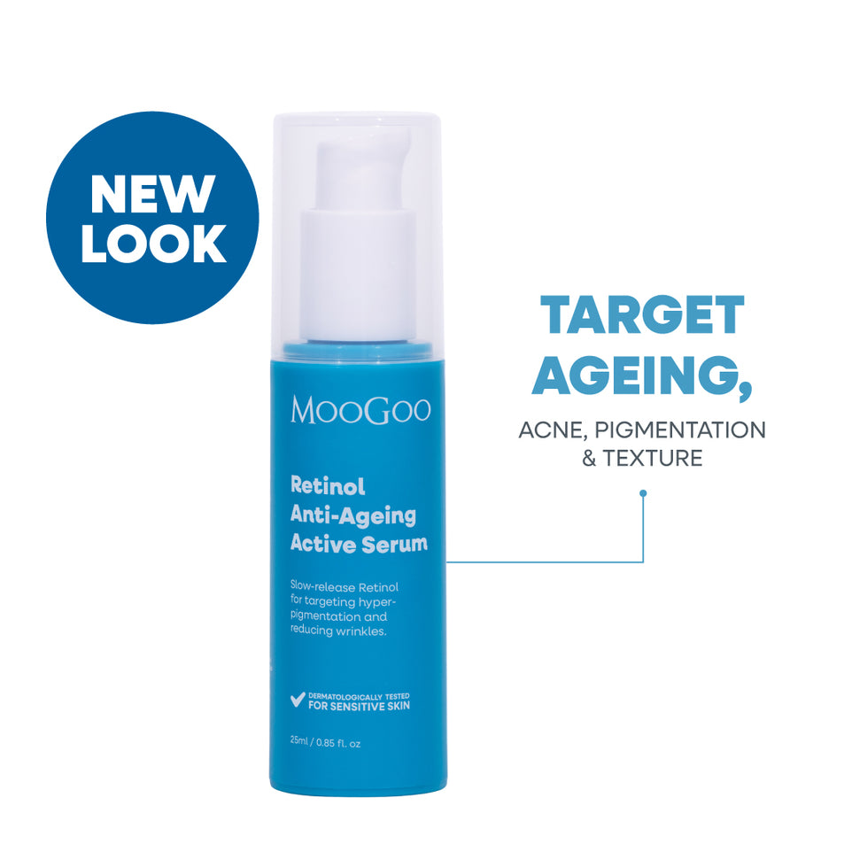 MooGoo Retinol Anti-Ageing Active Serum 25ml bottle with text highlighting slow-release Vitamin A for targeting fine lines, acne and uneven skin tone. 