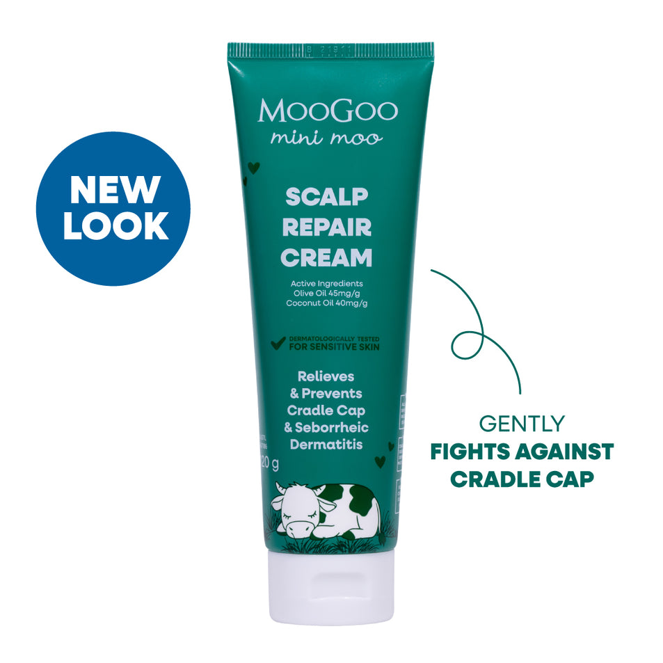 MooGoo Mini Moo Scalp Repair Cream in a teal squeeze tube with a white cap, shown on a white background with a blue 'NEW LOOK' badge and marketing text. Relieves itchy and inflamed skin around the scalp, ears, hairline, eyes, and side of the nose.