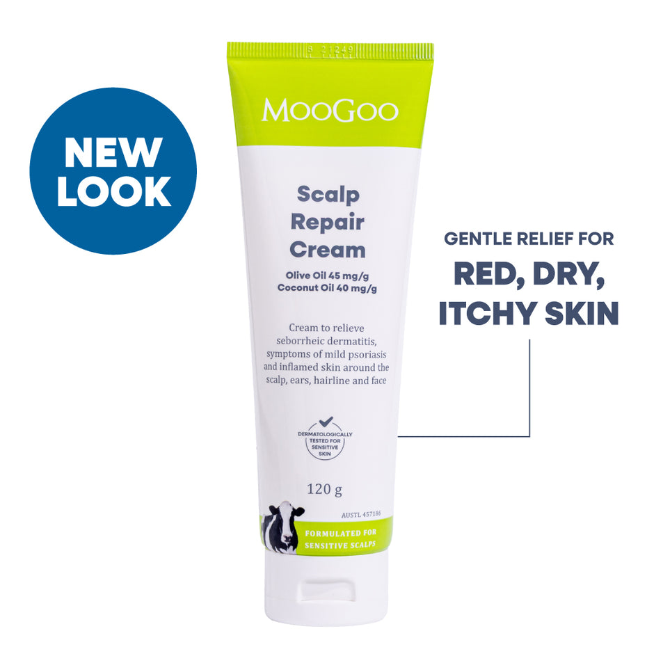 MooGoo Scalp Repair Cream tube on a white background with a blue 'NEW LOOK' badge and text stating 'Gentle Relief for Red, Dry, Itchy Skin'. Olive Oil and Coconut Oil formula for seborrheic dermatitis and psoriasis.