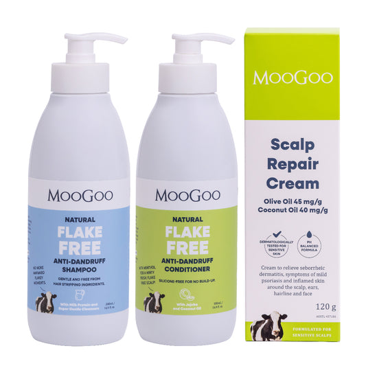 MooGoo Scalp Repair Pack on white background, including natural shampoo, conditioner and scalp cream for dandruff and seborrheic dermatitis, gentle on sensitive scalps