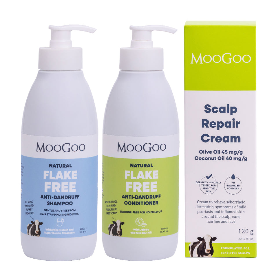 MooGoo Scalp Repair Pack on white background, including natural shampoo, conditioner and scalp cream for dandruff and seborrheic dermatitis, gentle on sensitive scalps
