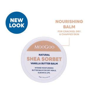 MooGoo Natural Shea Sorbet Vanilla Butter Balm in a round white jar with a white lid, featuring a beige label band and blue text. A blue circular badge on the top left reads 'NEW LOOK' with descriptive text on the right. Natural butter balm for dry, chapped and cracked skin. 