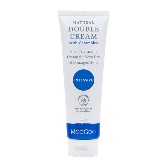 MooGoo Natural Double Cream with Ceramides on white background, intensive moisturiser for very dry and damaged skin with post treatment hydration