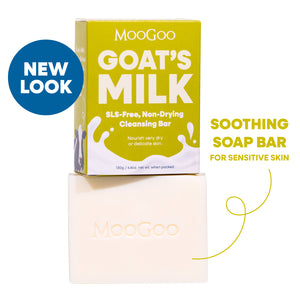 MooGoo Goat's Milk Soothing Cleansing Bar shown with its yellow-green packaging box and the bar itself on a white background, with text reading 'NEW LOOK' and 'SOOTHING SOAP BAR FOR SENSITIVE SKIN'. MooGoo Soothing Cleansing Bar Goat’s Milk on white background, nourishing SLS-free cleansing bar to calm and hydrate delicate or irritated skin.