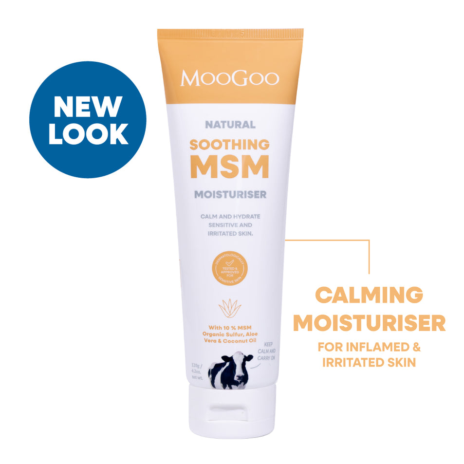 MooGoo Natural Soothing MSM Moisturiser tube on a white background with a blue 'NEW LOOK' badge and descriptive text. Natural moisturiser with MSM and aloe vera to relieve itchiness, dryness and rosacea sensitivity. 