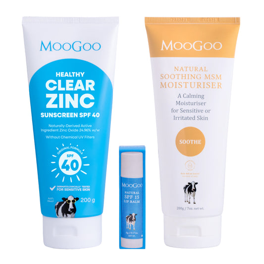 MooGoo Summer Essentials Pack on white background, bundle with SPF 40 zinc sunscreen, SPF 15 lip balm and soothing MSM moisturiser for sun care.