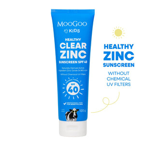 MooGoo Clear Zinc Sunscreen SPF 40 120g in white background, a gentle zinc cream for UVA and UVB protection, kind to eczema prone skin. 