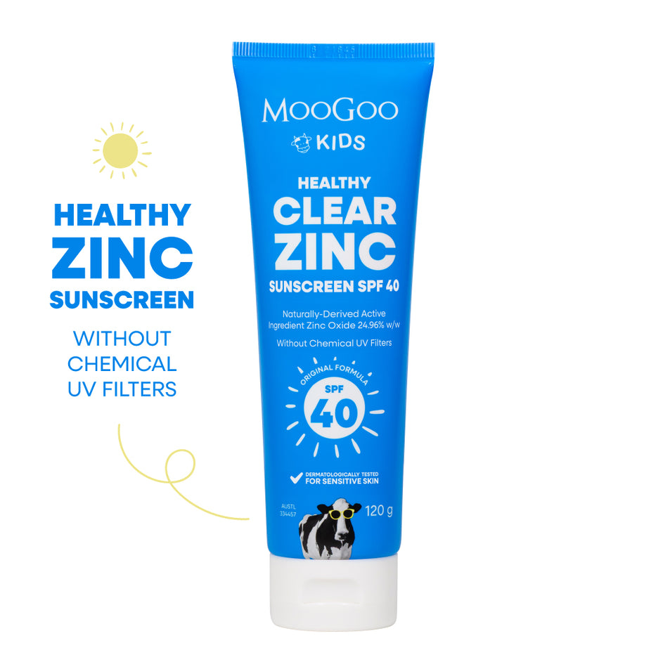 MooGoo Clear Zinc Sunscreen SPF 40 120g in white background, a gentle zinc cream for UVA and UVB protection, kind to eczema prone skin. 