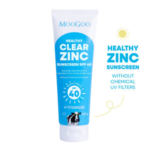 MooGoo Healthy Clear Zinc Sunscreen SPF 40 tube on a white background. Natural zinc oxide sunscreen for sensitive skin with broad spectrum UVA UVB protection