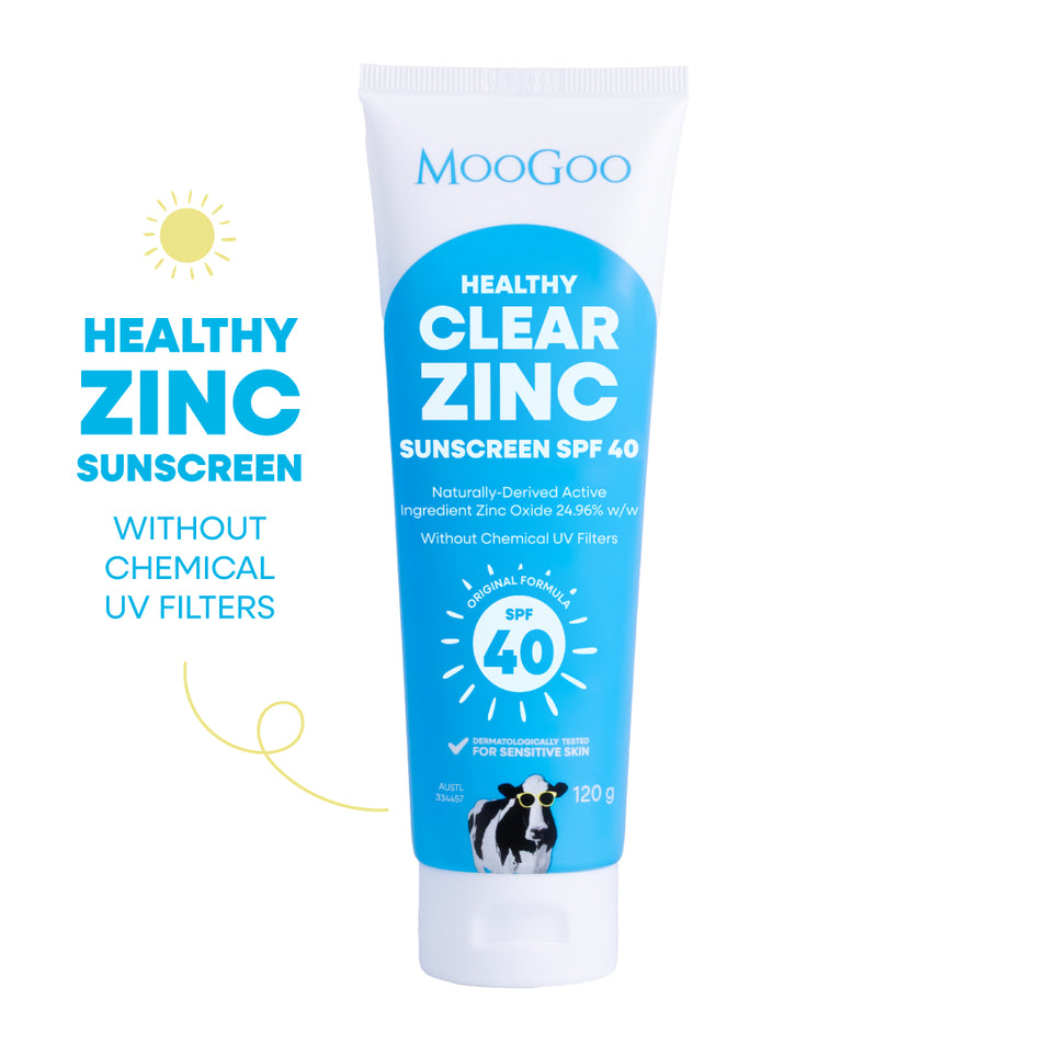 MooGoo Healthy Clear Zinc Sunscreen SPF 40 tube on a white background. Natural zinc oxide sunscreen for sensitive skin with broad spectrum UVA UVB protection