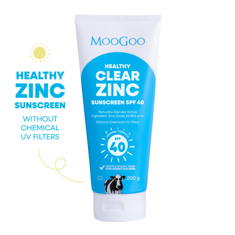 MooGoo Healthy Clear Zinc Sunscreen SPF 40 tube on a white background. Natural zinc oxide sunscreen for sensitive skin with broad spectrum UVA UVB protection