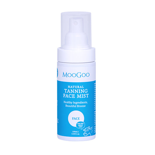MooGoo Natural Tanning Face Mist bottle on white background, clear self tanning water for a natural golden glow, suitable for sensitive skin