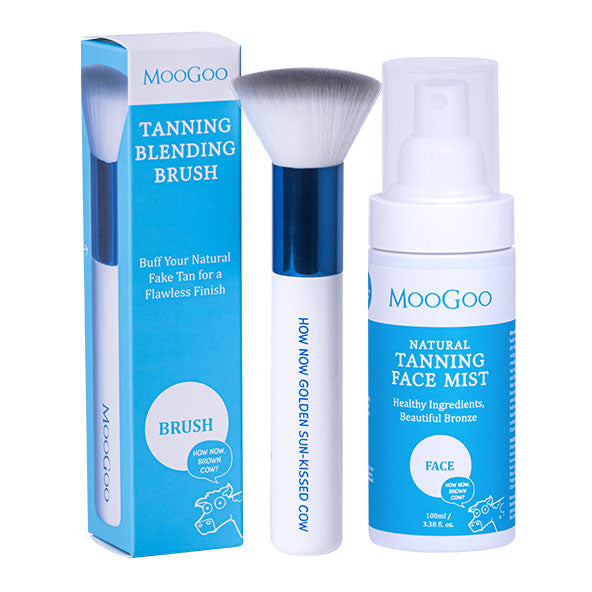 MooGoo Tanning Blending Brush with Natural Face Mist on clean white backdrop, fake tan kit for face and body, golden bronzed glow without streaks