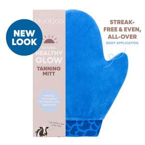 MooGoo Tanning Application Mitt on white background, self tanning tool for even application, reusable and lined to prevent staining hands