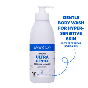A white pump bottle of MooGoo Natural Ultra Gentle Ceramide Cleanser with a blue label band and blue text, shown on a plain white background. MooGoo Ultra Gentle Ceramide Cleanser on white background, for eczema prone and hypersensitive skin with ceramides to strengthen skin barrier