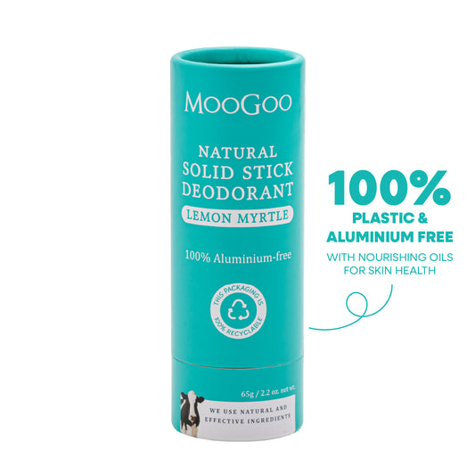 MooGoo Natural Solid Stick Deodorant Lemon Myrtle packshot on white backdrop, eco packaging aluminium free deodorant with natural fresh lemon myrtle fragrance
