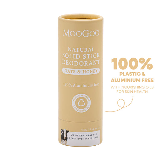 MooGoo Natural Solid Stick Deodorant Oats and Honey shown on white background, gentle deodorant aluminium free plastic free packaging for all skin types
