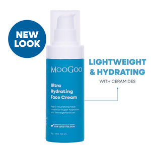 MooGoo Ultra Hydrating Face Cream pump bottle in a bright blue colour with a white cap, shown on a white background. Lightweight daily cream with ceramides to strengthen skin barrier and improve hydration.