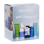 Boxed MooGoo Baby Starter Kit with four natural baby skincare products and cow toy, complete newborn care set for cleansing, moisturising and protection